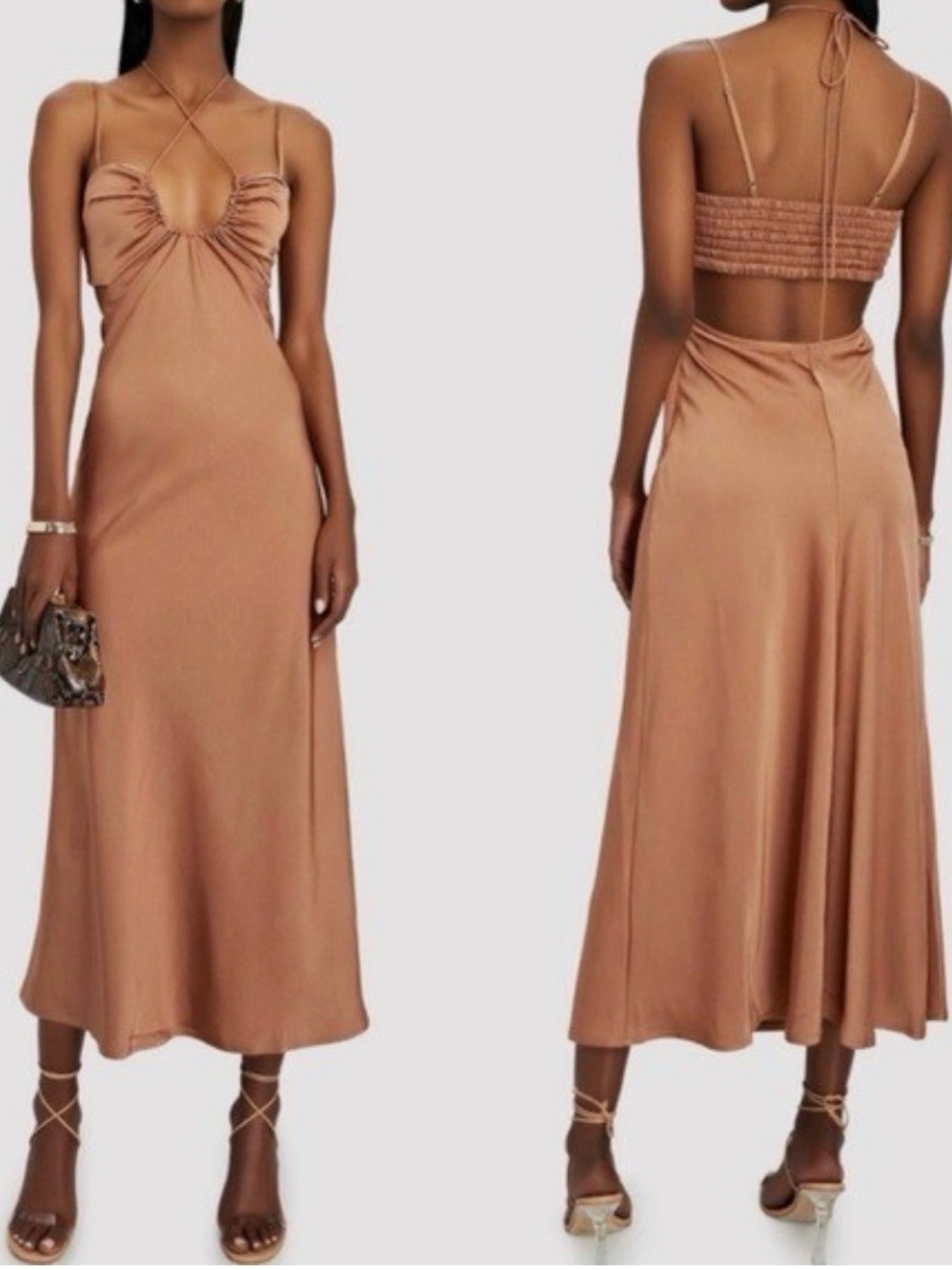 A.L.C. Sienna Cut Out Shirred Satin Midi Slip Dress in Rawhide Brown